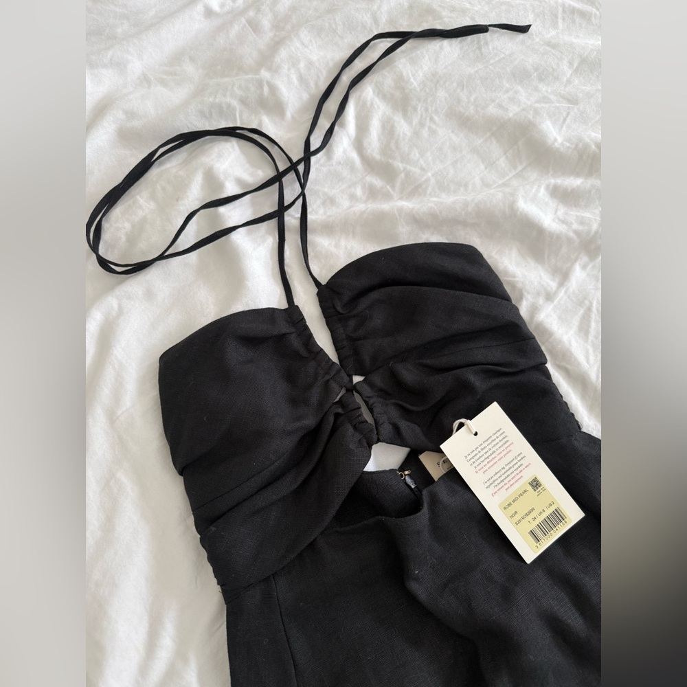 Sezane Pearl Dress Linen Black Cutout Strap Midi - Picture 8 of 10